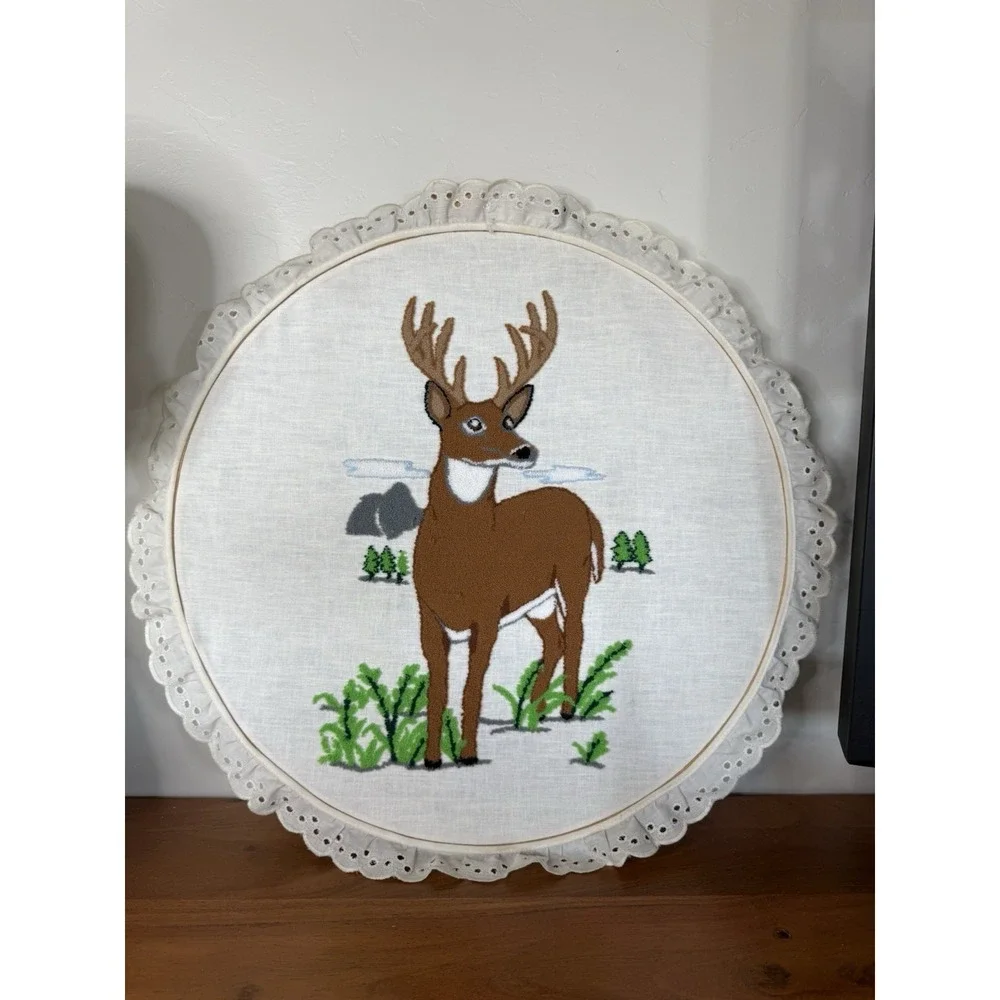 2 Pair Deer Embroidery Hoops Bucks Stamped Canvas Needlepoints 18 x 18